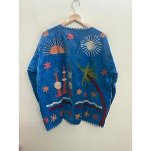 Cobalt Blue Suzani-Embroidered <b>Velvet</b> <b>Jacket</b> Desert Nightfall Outerwear with Sunburst & Palm Motifs - Product Image 5