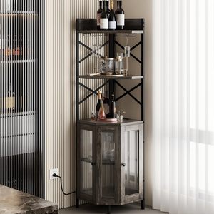 Mueble Bar Esquinero Industrial con Luces LED, Puertas de Vidrio Acanalado, Mueble Bar de Madera con Estante para Licores y Vinos para el Hogar DR534 - Product Image 1