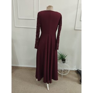 Robe en crêpe scintillante à manches longues, col en V ondulé, bordée de dentelle, pour femme, 37531 - Bourgogne - Product Image 5