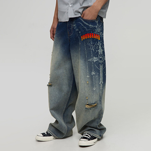 Pantalones vaqueros rasgados lavados viejos de estilo Vintage de alta calidad para hombre con decoración de botones, ropa de calle, pantalones vaqueros estampados - Product Image 4