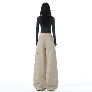 OEM/ODM Wholesale Women's American Vintage Summer Flared Trousers Distressed Embroidered Stretch Comfort Jeans Denim Wide Leg - Product Image 6