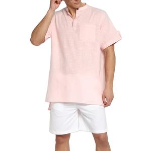 เสื้อยืดผ้าฝ้าย100% สำหรับผู้ชายทรงปกติมีกระเป๋าหน้าและชุดสั้นฤดูร้อนเสื้อยืดแขนสั้นคอมโบ - Product Image 1