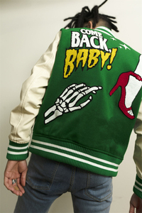 แจ็กเก็ตเบสบอลกำมะหยี่ขนแกะปักโลโก้ได้ตามต้องการสำหรับผู้ชายเสื้อแจ็คเก็ตแขนเสื้อหนังสีเขียวสไตล์วินเทจ - Product Image 6