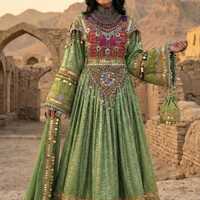 Toptan Günlük Moda Vintage Giyim Afgan Elbiseleri Çok Satan Maxi Boy Paçalı İki Parçalı İşlemeli Elbise ve Dupatta Takımı