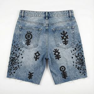 Shorts en jean personnalisés pour femmes, strass, streetwear, coupe régulière, délavé, taille haute, braguette boutonnée, polyester/coton, OEM - Product Image 2