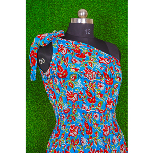 เดรสผ้าฝ้ายพิมพ์ลายดิจิทัลแบบเปิดไหล่ข้างเดียว ความยาวปานกลางถึงยาว  ชุดเดรสสไตล์โบฮีเมียนสำหรับผู้หญิง ชุดคลุมสำหรับงานปาร์ตี้  ชุดเดรสทรงทูนิค  ลายดอกไม้ทำมือ - Product Image 3