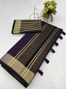 Sari de seda formal para mujer Sofisty con borde dorado, telar manual de lino blanco, estilo muy indio - Product Image 3