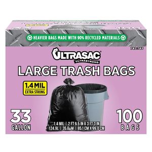Bolsas de Basura Negras Resistentes Ultrasac de 33 Galones, Paquete de 100 con Cierres, 39 x 33 Pulgadas, Bolsas de Basura Extra Fuertes - Product Image 1