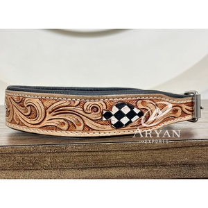 New Dog Collar Hand Tooled Leather Dog Collars Personalized Genuine Leather Checkered Design Pet Collar for Small to Large Dogs - Product Image 1