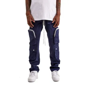 custom made Latest Waterproof Men Blue Loose Fit Casual Cargo Pants With Drawstrings And Zipper Pockets By Best Suppliers