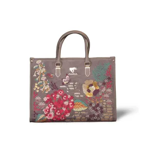 Sac fourre-tout PickAleaf pour femme, style bohème, en cuir végétalien, broderie en fil de coton, doublure en velours suédé, fermeture à fermoir - 950g - Product Image 1