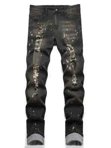 กางเกงยีนส์เอวกลางเอวสูงสำหรับผู้ชาย, กางเกงยีนส์สุดคลาสสิกคุณภาพสูงสไตล์ไฮสตรีทปรับสีให้นุ่มโลโก้ขนาดพิเศษ - Product Image 3