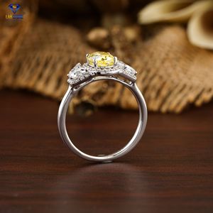 2.29 TDW แหวนเพชรรูปวงรีสีเหลืองแฟนซีทรงสี่เหลี่ยมคางหมูและทรงกลมสีทอง18K แหวนเพชรลายรัศมีวง cvd/hpht Diamond Lab - Product Image 5