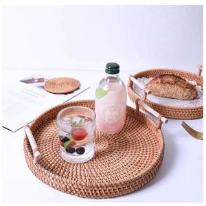 Handmade Decorative Rattan Jute <b>Serving</b> <b>Tray</b> With Bone Inlay Finishing Set of 3 <b>Rounded</b> Shape Food Server <b>Tray</b> - Product Image 1