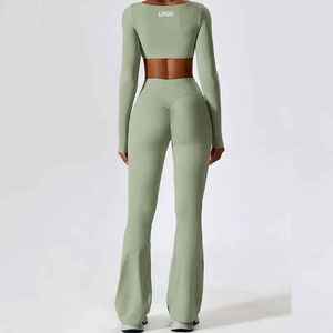 OEM Nude Feeling Women's Yoga Set 4-Way Stretch Breathable Long Sleeve <b>Crop</b> Top & High Waist <b>Leggings</b> - Product Image 3