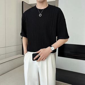 Camiseta de manga corta de verano para hombre, camiseta informal de Color sólido con cuello redondo, ropa de calle, Camisetas básicas sueltas - Product Image 4