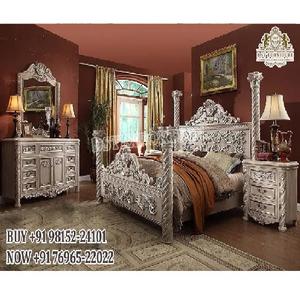 Lit à baldaquin en teck moderne sur le thème du platine et ensemble de chambre à coucher avec meubles sculptés capitonnés blanc antique - Product Image 1