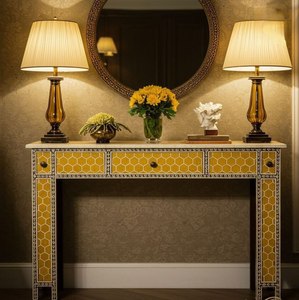 Mesa auxiliar con incrustaciones de hueso, estilo marroquí, mesa auxiliar de hueso de camello hecha a mano, diseño geométrico, decoración para sala de estar o uso junto a la cama - Product Image 5