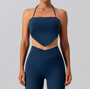 Top corto de Yoga Sexy con cuello Halter de alta elasticidad para mujer, camisetas sin mangas de entrenamiento de talla grande con Sujetador deportivo sin espalda con tiras - Product Image 5