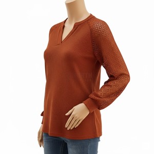 2025 Autumn Winter New Women's Solid Color Pullover Shirt Fashion Waffle Lace Stitching Long Sleeve V-neck T-shirt <b>Top</b> For Women - Product Image 6