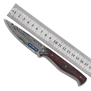 Cuchillo de caza personalizable hecho a mano con hoja de acero damasco y mango de palisandro exótico Funda de cuero en relieve Soporte OEM - Product Image 4