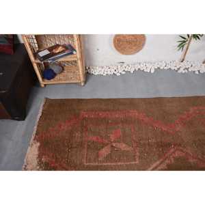 Turkish Rug, 3.37x15.3 ft Runner Rug, <b>Brown</b> Floral <b>Wool</b> Vintage Rug - Product Image 5