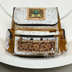 Nouveau sac à dos de designer floral en cuir de vachette et d'outillage occidental fait à la main avec pierre turquoise - Product Image 1