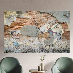 Tableau sur toile imprimé graffiti garçon et dinosaure : design graphique moderne, toile encollée - Product Image 1