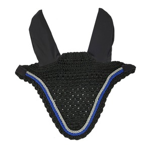 Velo antimoscas para caballo de ganchillo negro de alta calidad y cómodo, con cubre orejas suaves y ribete azul y blanco, para entrenamiento y exhibiciones. - Product Image 1