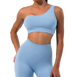 Conjunto deportivo de leggings y sujetador deportivo sin costuras de un solo hombro para mujer, de cintura alta, color liso, para yoga y entrenamiento. - Product Image 2