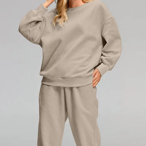 Ensemble survêtement deux pièces pour femme, à capuche, uni, printemps, décontracté, coupe régulière, respirant, 100% coton biologique, personnalisable en gros - Product Image 2