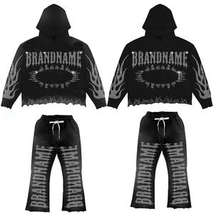 Conjunto de pantalones de chándal y Sudadera con capucha acampanados con diamantes de imitación OEM Fabricante personalizado Pantalones apilados holgados de cintura doble Sudadera con cremallera - Product Image 1