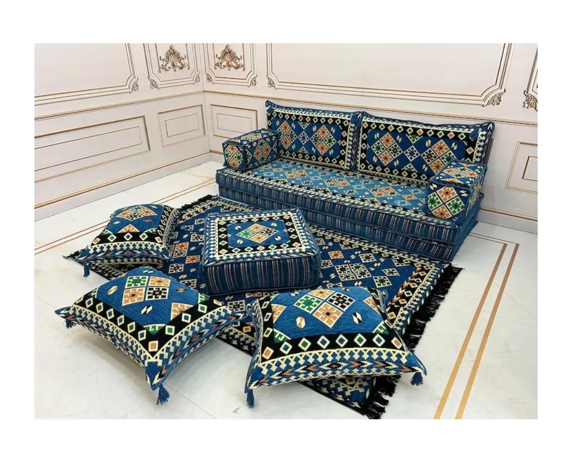 Arabic Floor Sofa Living Room Full Sets - 190cm / 6feet / 75 inch - 1 Set Of 10 pcs - Covers + Sponge