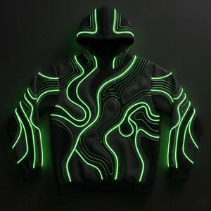 Sweat à capuche Cyberpunk d'hiver haut de gamme personnalisé, noir mat, coton lourd, Techwear, piping vert néon lumineux, broderie 3D sur le devant - Product Image 1