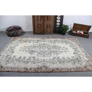 Vintage Rug, 5.5x8.3 ft Turkish Rug, <b>Brown</b> Floral <b>Wool</b> Rug - Product Image 3