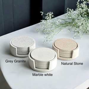 Circle Stone <b>Coaster</b> <b>Set</b> <b>With</b> <b>Holder</b> <b>Set</b> Of 4 Minimalist Neutral Handmade Homeware Drinkware Gift - Product Image 5