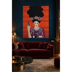 Fida, femme avec couronne de fleurs et chiens sur fond rouge, impression sur toile - Product Image 5