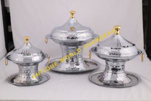 Luxury Silver Etched Handmade Durable Pedestal Hot Pot Set <b>Tray</b> Insulated <b>Food</b> <b>Warmer</b> Stainless Steel Interior Premium Buffet - Product Image 5