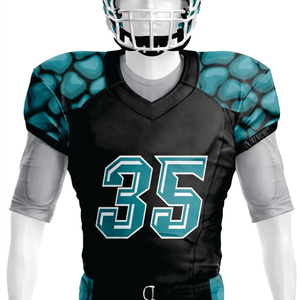 Personalizado 100% poliéster sublimado uniforme de fútbol americano transpirable negro verde azulado aparejos sarga equipo corto Jersey logotipo frontal - Product Image 2