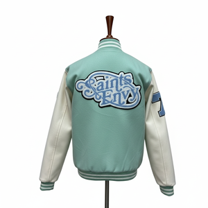 Veste de sport pour homme en coton de style fantaisie sur mesure en gros avec manches en cuir, broderie en chenille, séchage rapide et br - Product Image 6