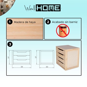 Cassettiera WELL HOME a 4 cassetti, finitura non verniciata, 39x30x37cm - Product Image 2