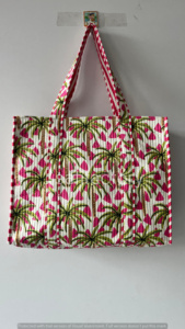 Bolsa de Algodón Acolchada de Palma Tropical Hecha a Mano Ecológica para Bolsa de Viaje Rosa Cierre Abierto Verano Vacaciones Playa Shopper Regalo - Product Image 2