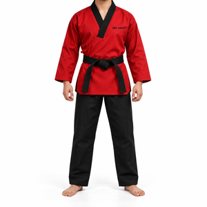Conjunto de Uniforme de Taekwondo ZEE GOOD para Hombre, Cinturón Negro, Top Rojo, Pantalones Negros, Dobok de Artes Marciales - Product Image 1