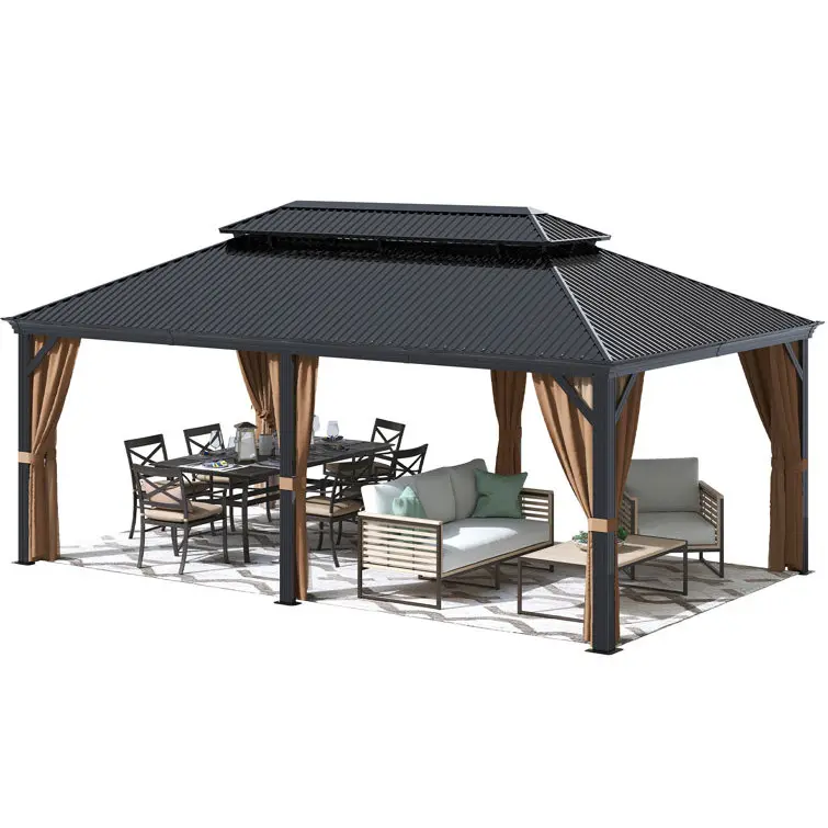 14x24 Gazebo, luar ruangan tahan air tahan salju atas keras Gazebo teras taman halaman belakang bingkai logam aluminium