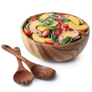 Bol à fruits en bois d'acacia massif personnalisé pour mariage en famille Soupe à salade de légumes appropriée Bol à salade en bois entier - Product Image 2