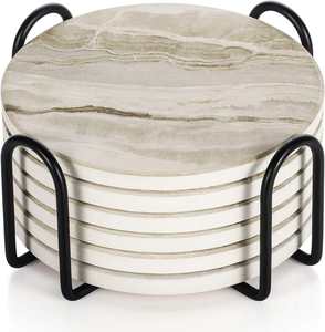 White <b>Marble</b> <b>Coaster</b> with Holder Absorbent Stone Drink for Beverages Modern Cute Table Stylish Gift for Home Office - Product Image 1