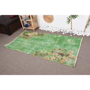 Alfombra de lana de área grande tradicional vintage, diseño de retazos verdes y amarillos, lado rectangular de 3,3x6,1 pies para dormitorio con respaldo de látex - Product Image 3