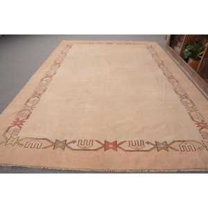 Vintage Turkish Rug Traditional Beige 6.2 X 8.8 ft Patchwork Pattern Wool and Viscose Latex Backing for Entryway or Bedside - Product Image 2