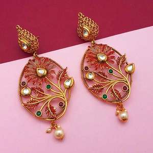 Nikita Arts <b>Fine</b> <b>Dangle</b> <b>Earrings</b> Gold Plated Stone and Maroon Meenakari Copper Matte 1313121A Model - Product Image 1