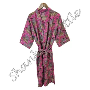 2024 moda Waffle algodón bloque de mano estampado de leopardo ropa de dormir de noche vestido para mujeres Waffle Kimono largo bata túnica Kimono étnico